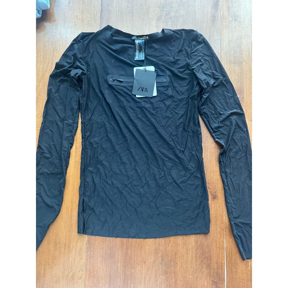 NWT Zara Women’s Small Black Long Sleeve Top Zip Chest Pocket Lightweight